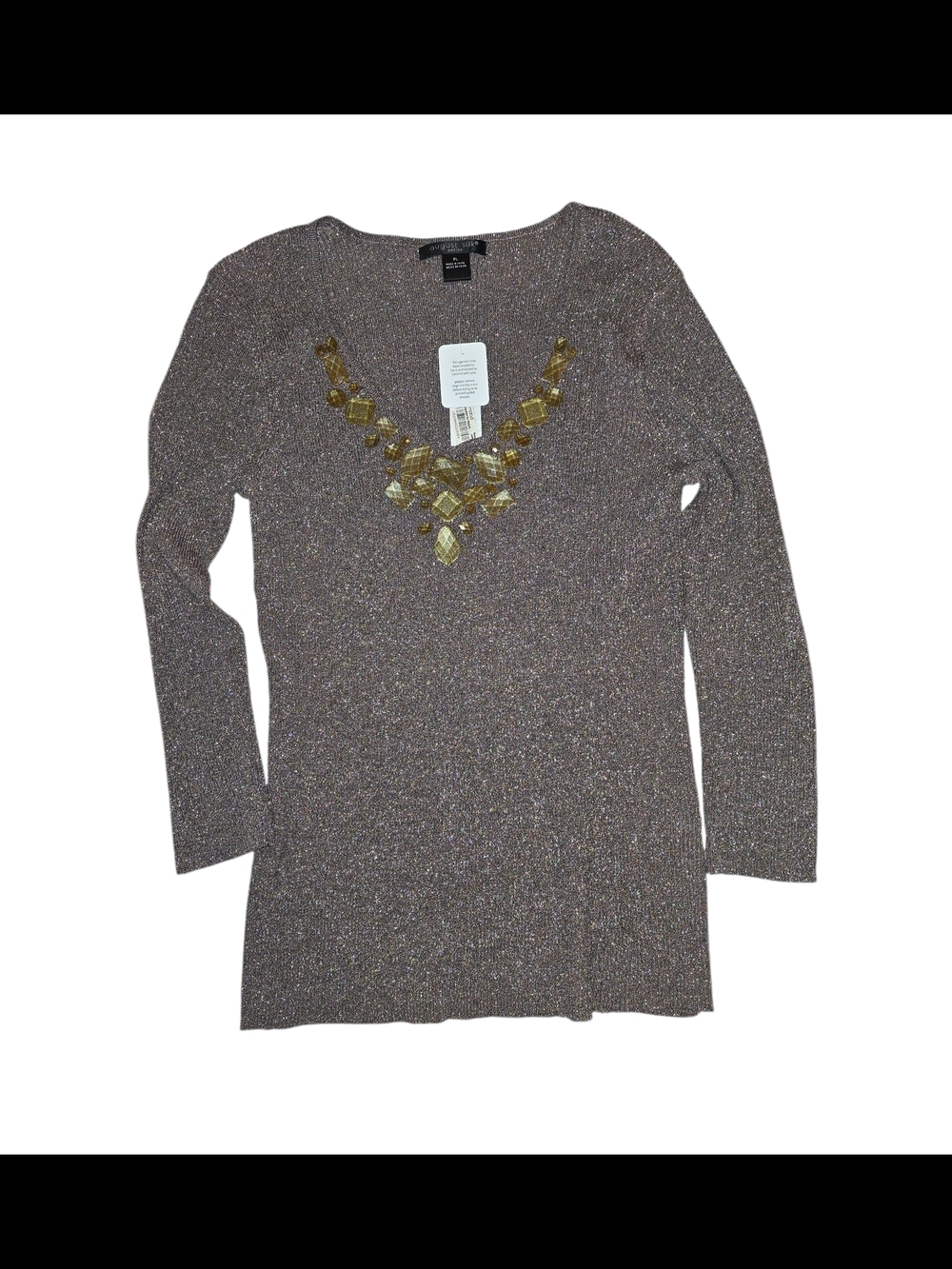 august silk Metallic Brown Knit Top with Gold Jeweled Neckline
